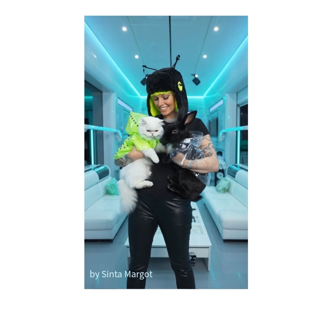 HANDCRAFTED digital art print Green and Black Cat Costume on a model by me